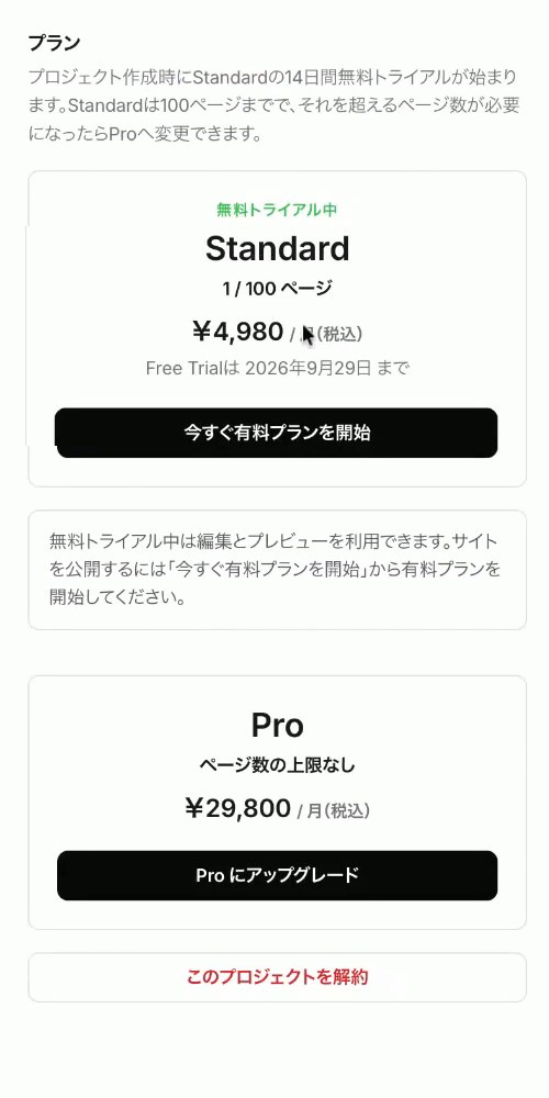 Studio.Dropのプラン画面。Standardは月額4,980円（税込）で100ページまで、Proは月額29,800円（税込）でページ数の上限なし。無料トライアル中の説明もある